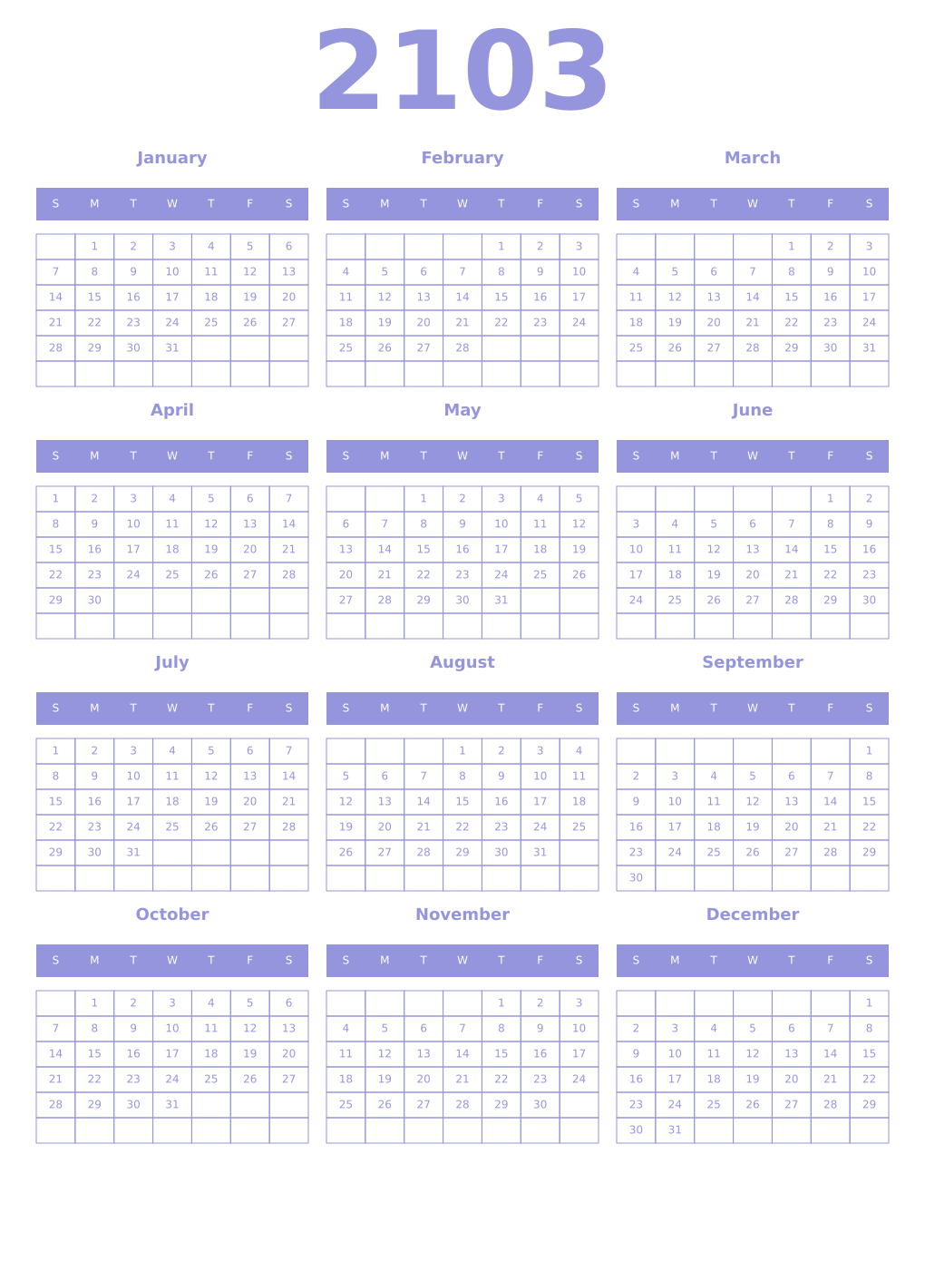 Printable 2103 Year Calendars periwinkle