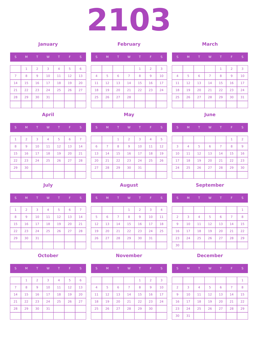 Printable 2103 Year Calendars purple