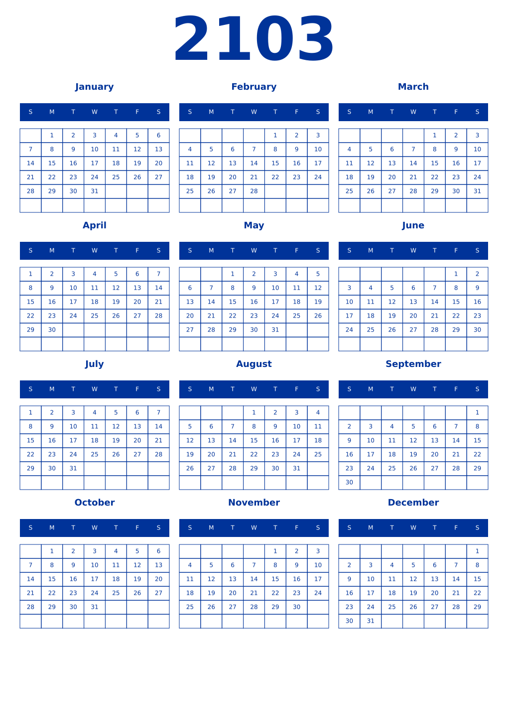 Printable 2103 Year Calendars smalt