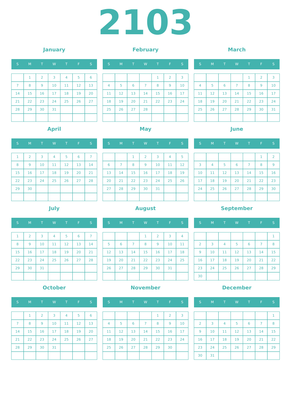 Printable 2103 Year Calendars verdigris