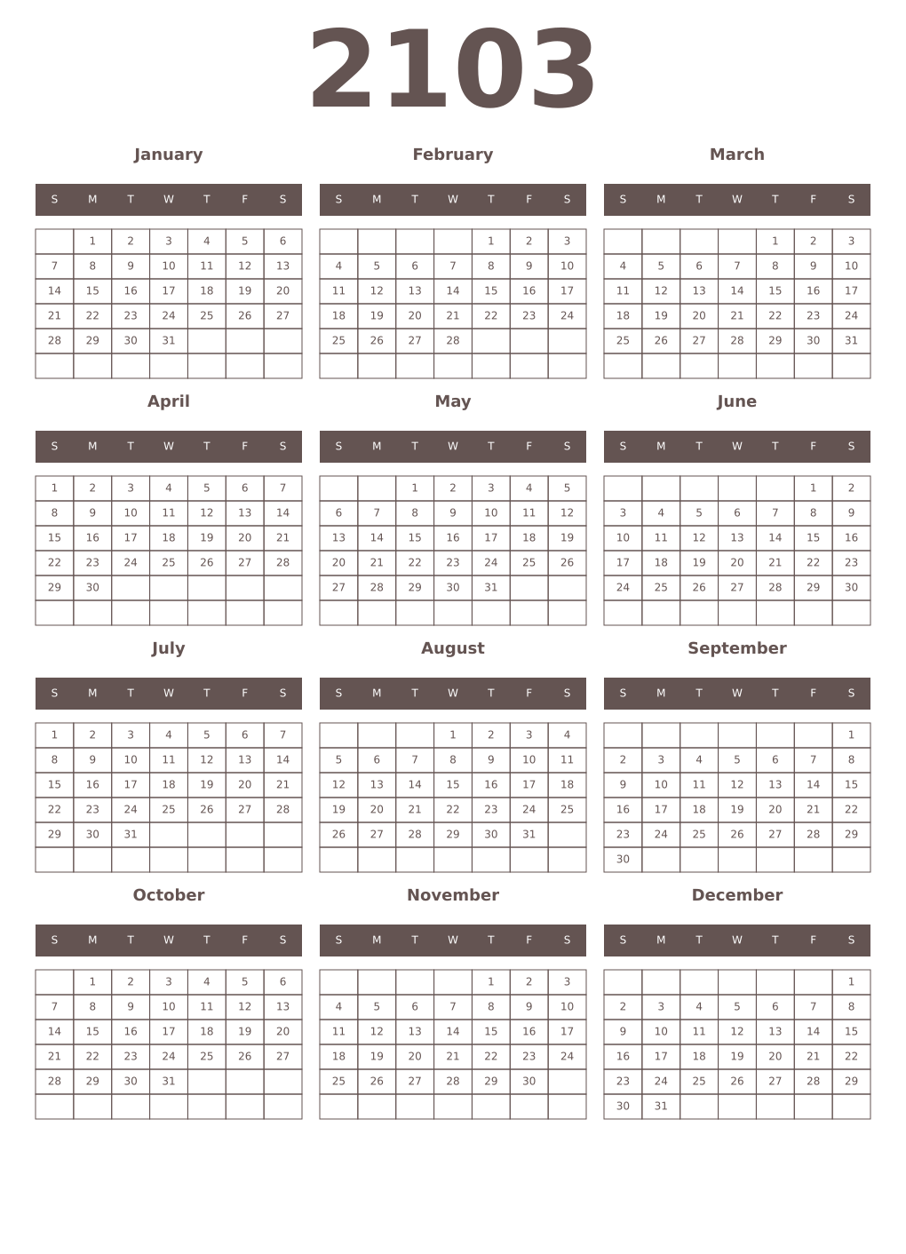 Printable 2103 Year Calendars wenge