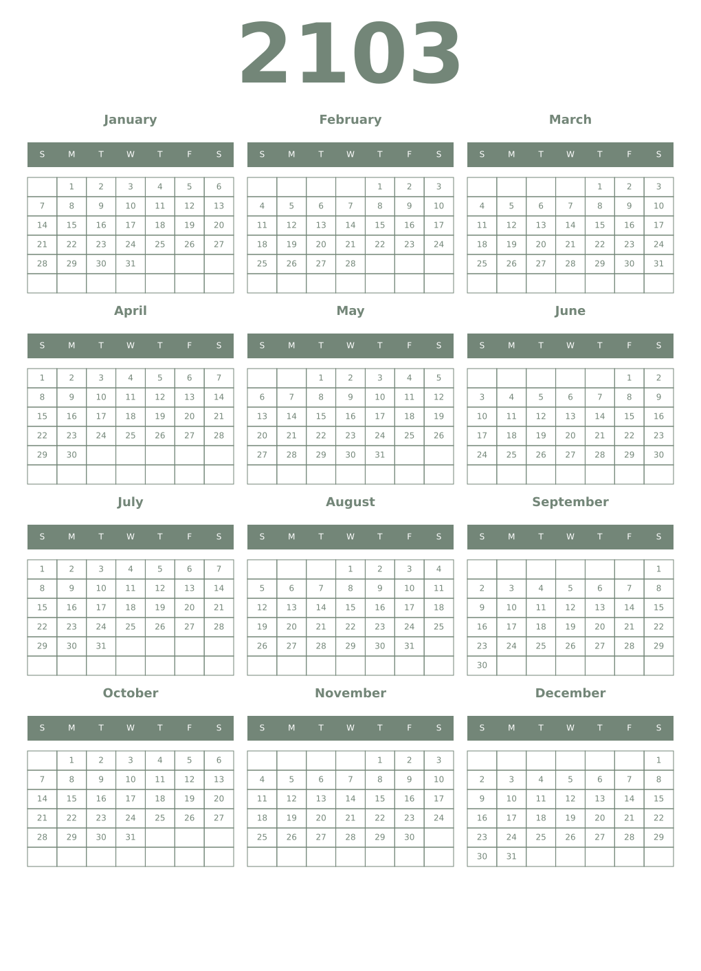 Printable 2103 Year Calendars xanadu