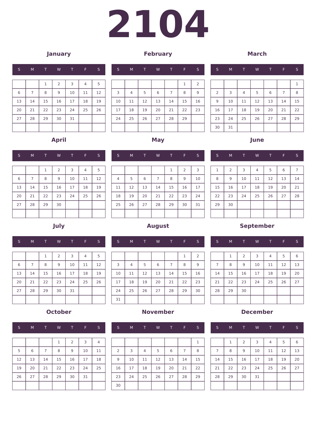 Printable 2104 Year Calendars aubergine