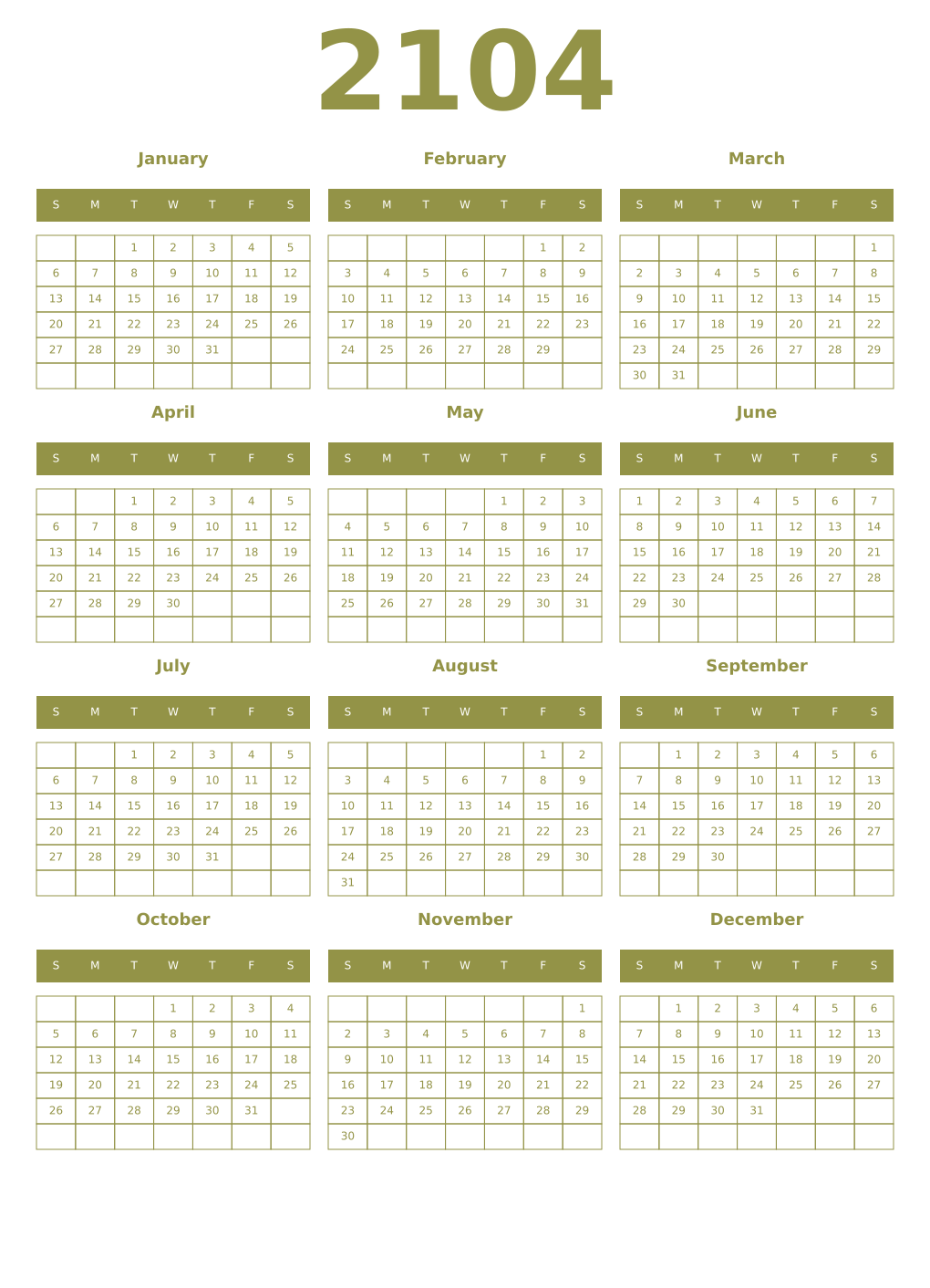 Printable 2104 Year Calendars eburnean