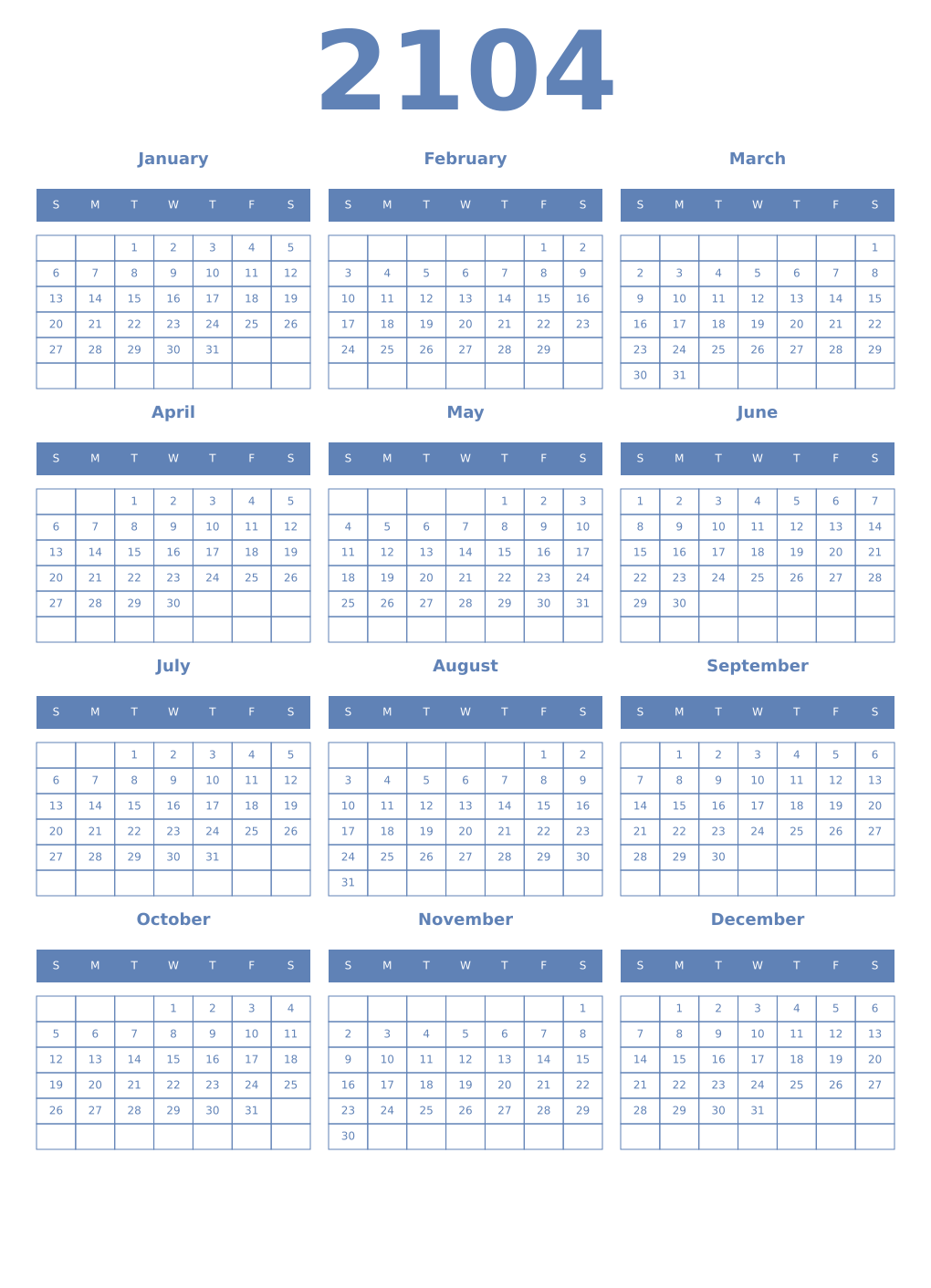 Printable 2104 Year Calendars glaucous