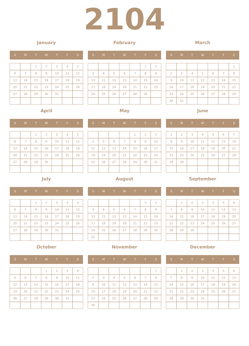 Printable 2104 Year Calendars isabelline
