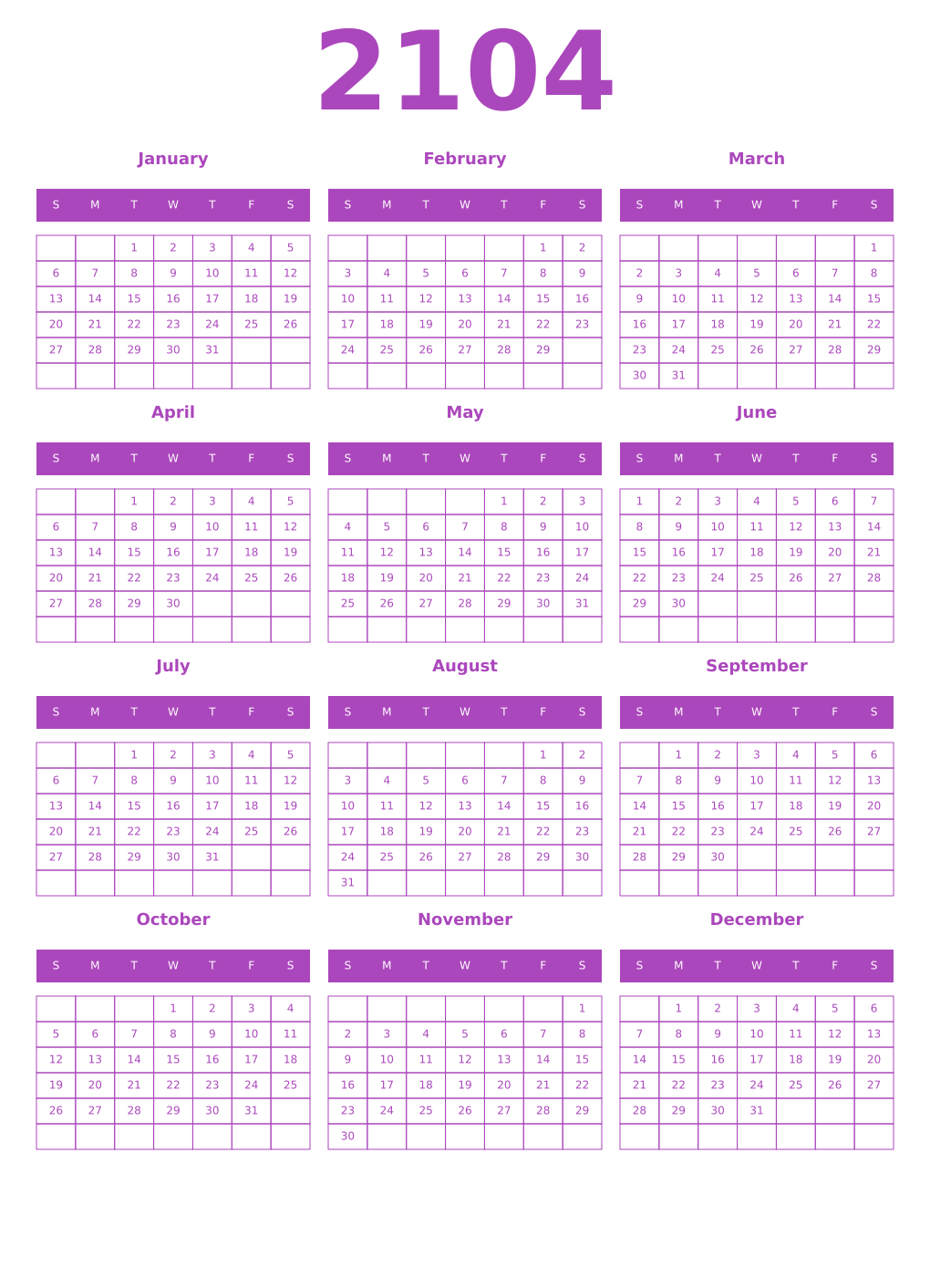 Printable 2104 Year Calendars purple