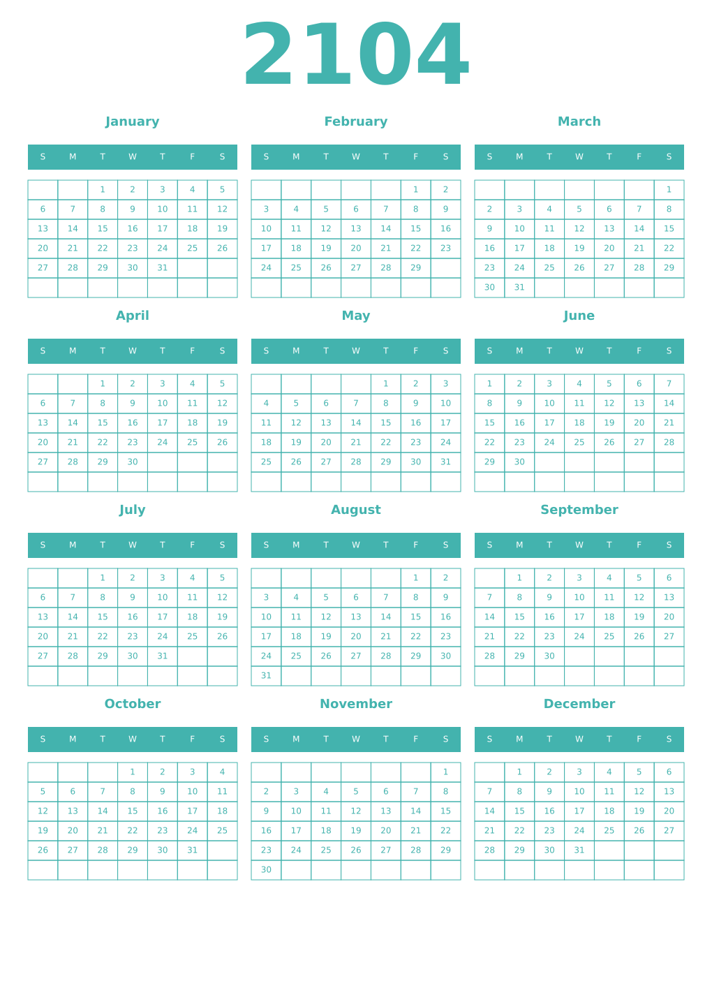 Printable 2104 Year Calendars verdigris