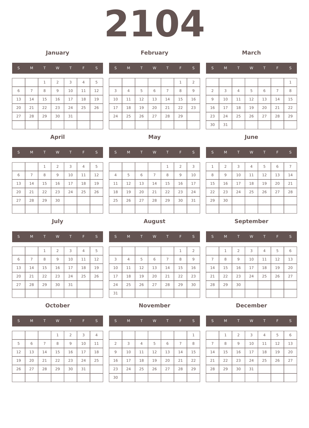 Printable 2104 Year Calendars wenge