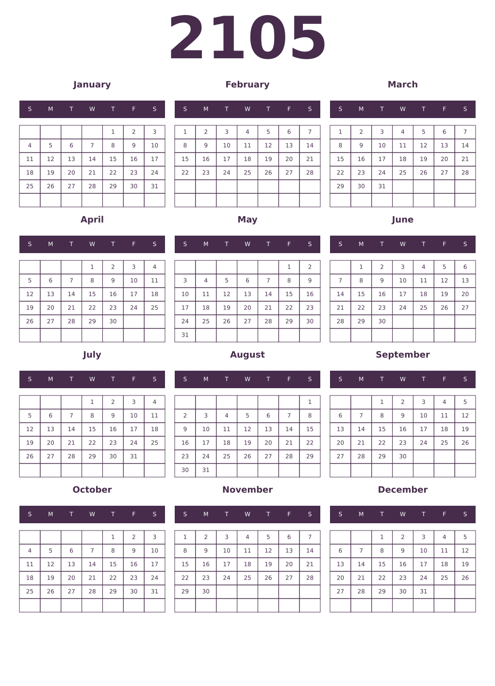 Printable 2105 Year Calendars aubergine