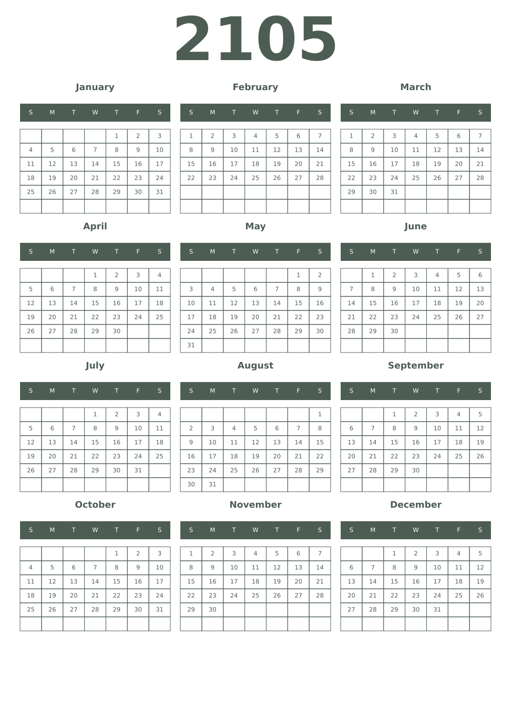 Printable 2105 Year Calendars feldgrau