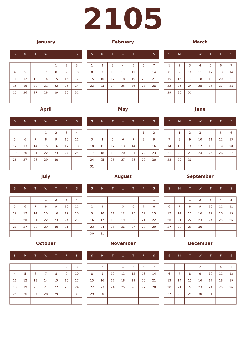 Printable 2105 Year Calendars mortuum