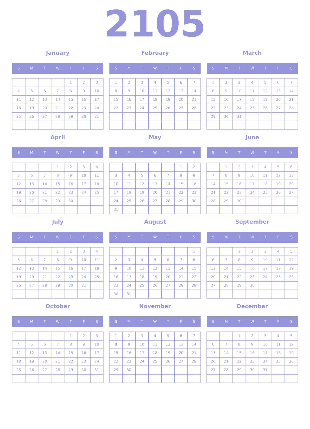 Printable 2105 Year Calendars periwinkle