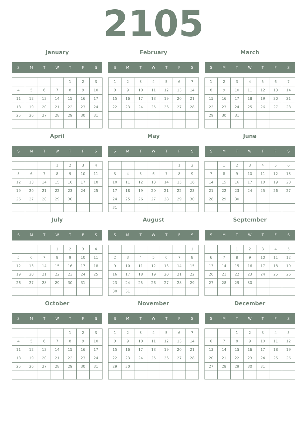 Printable 2105 Year Calendars xanadu