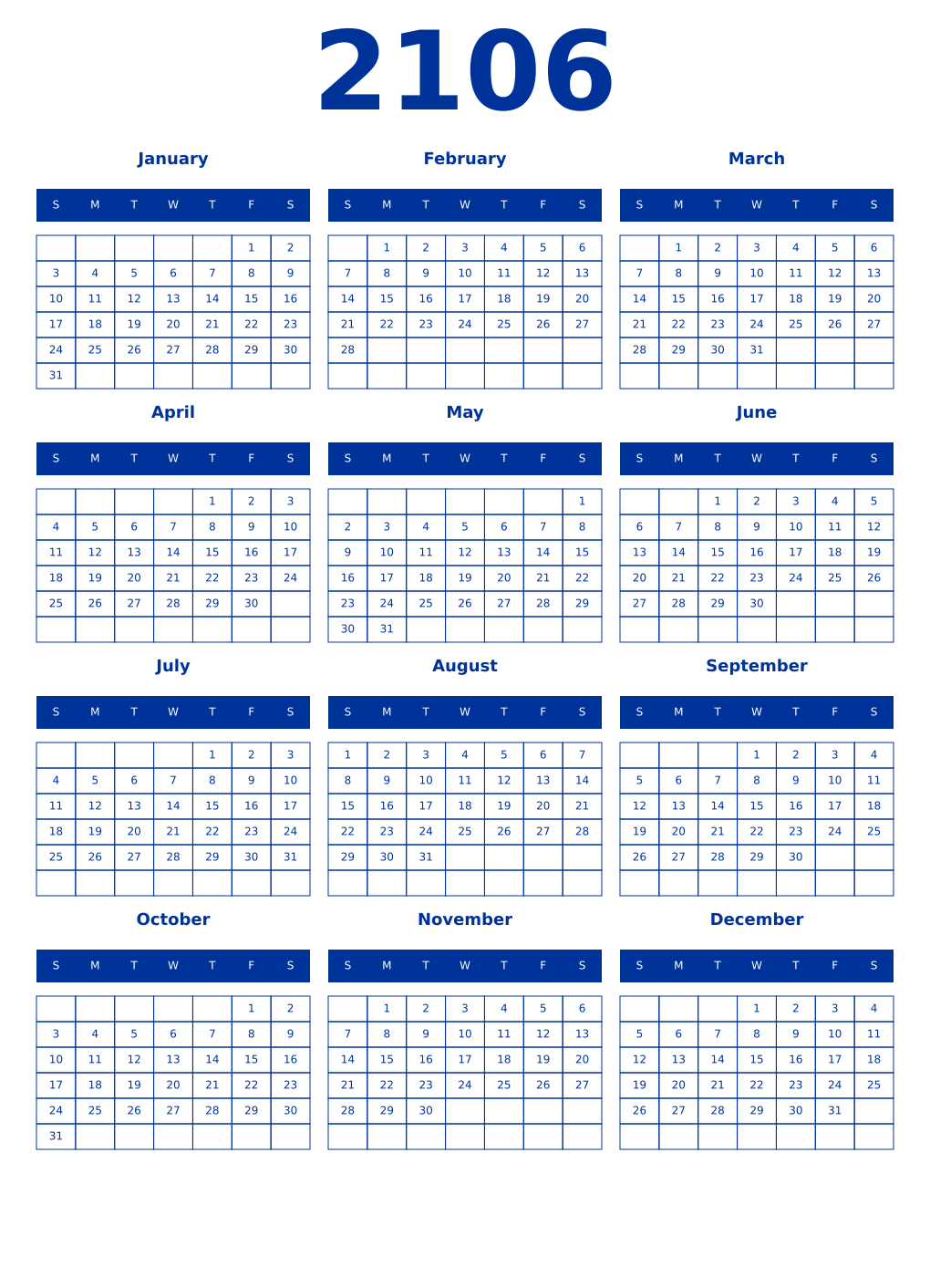 Printable 2106 Year Calendars smalt