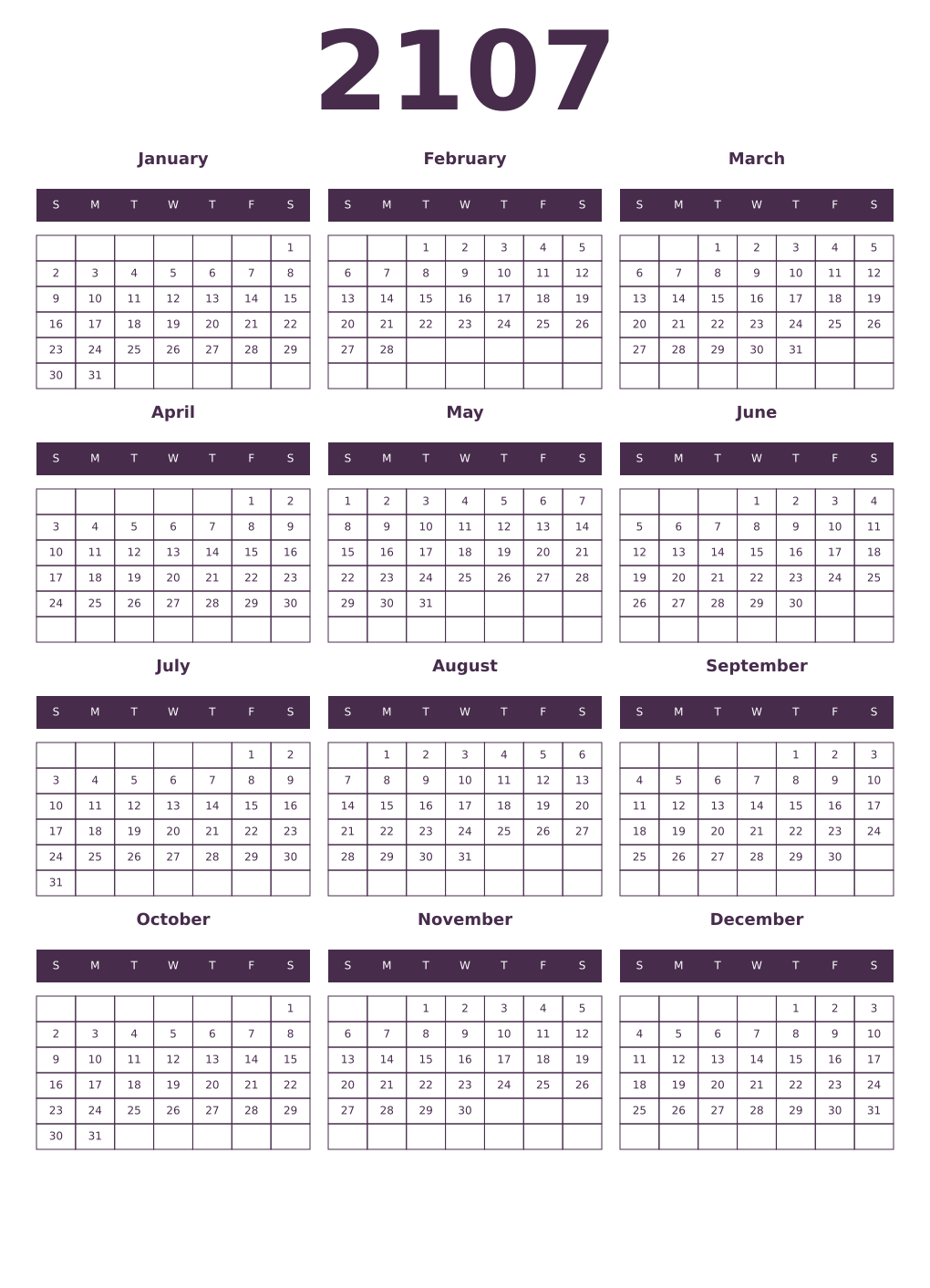 Printable 2107 Year Calendars aubergine