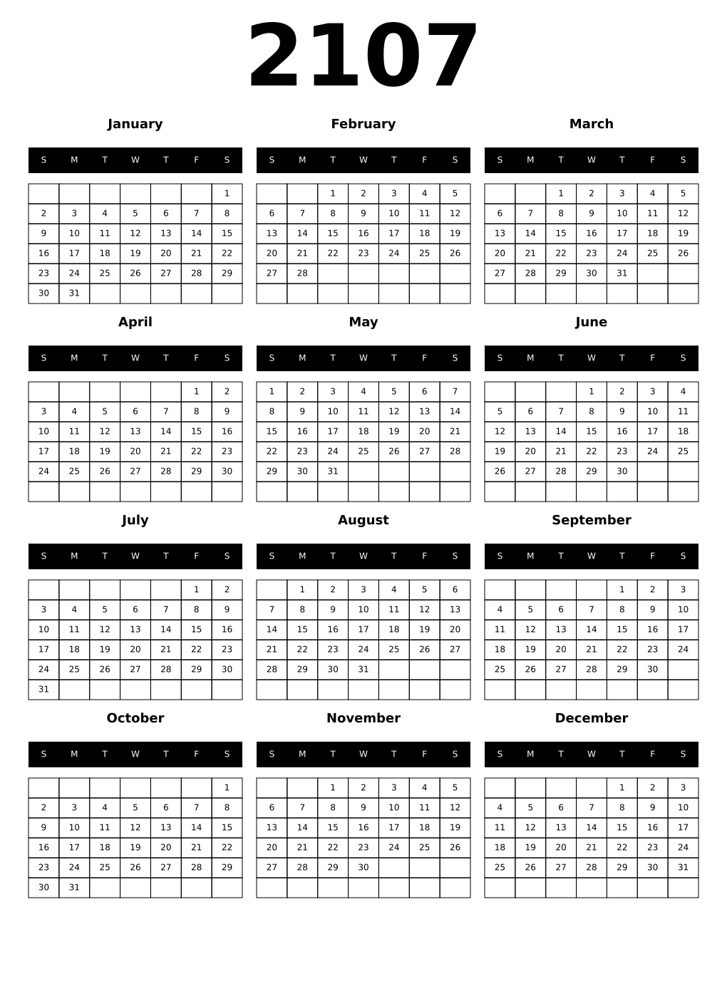Printable 2107 Year Calendars black