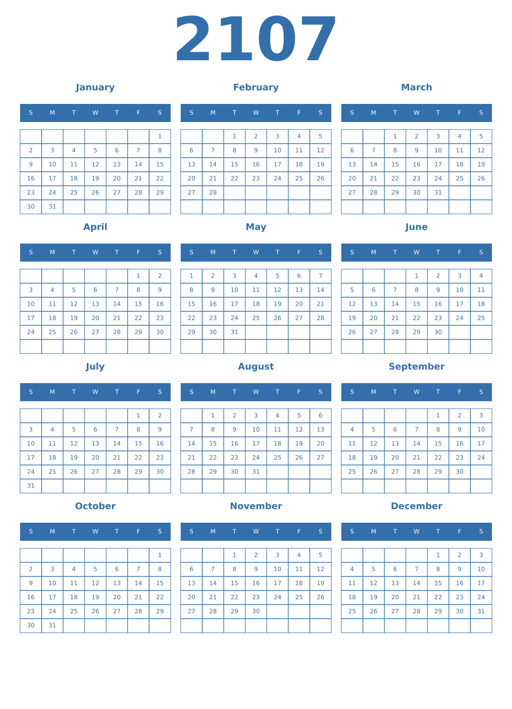 Printable 2107 Year Calendars blue