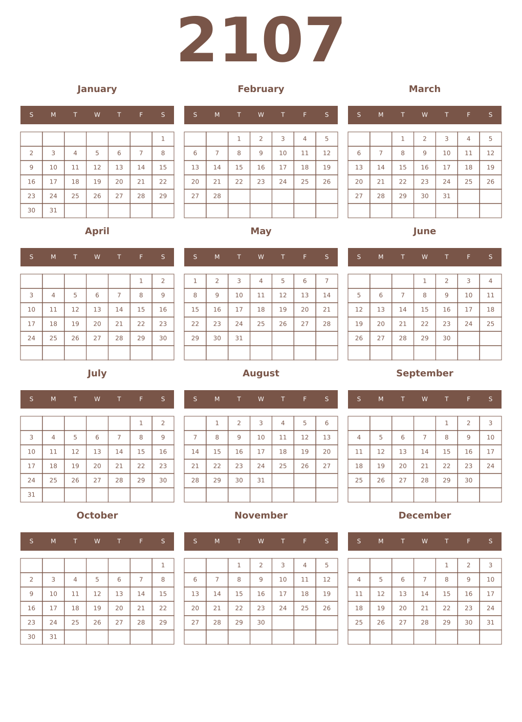 Printable 2107 Year Calendars coffe
