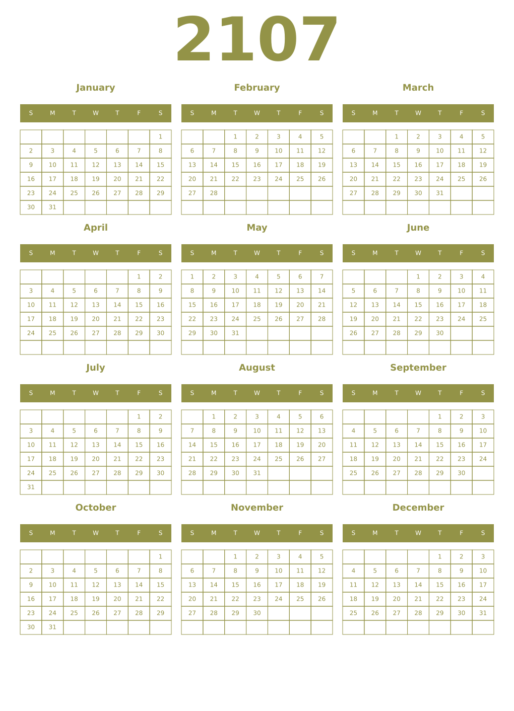 Printable 2107 Year Calendars eburnean
