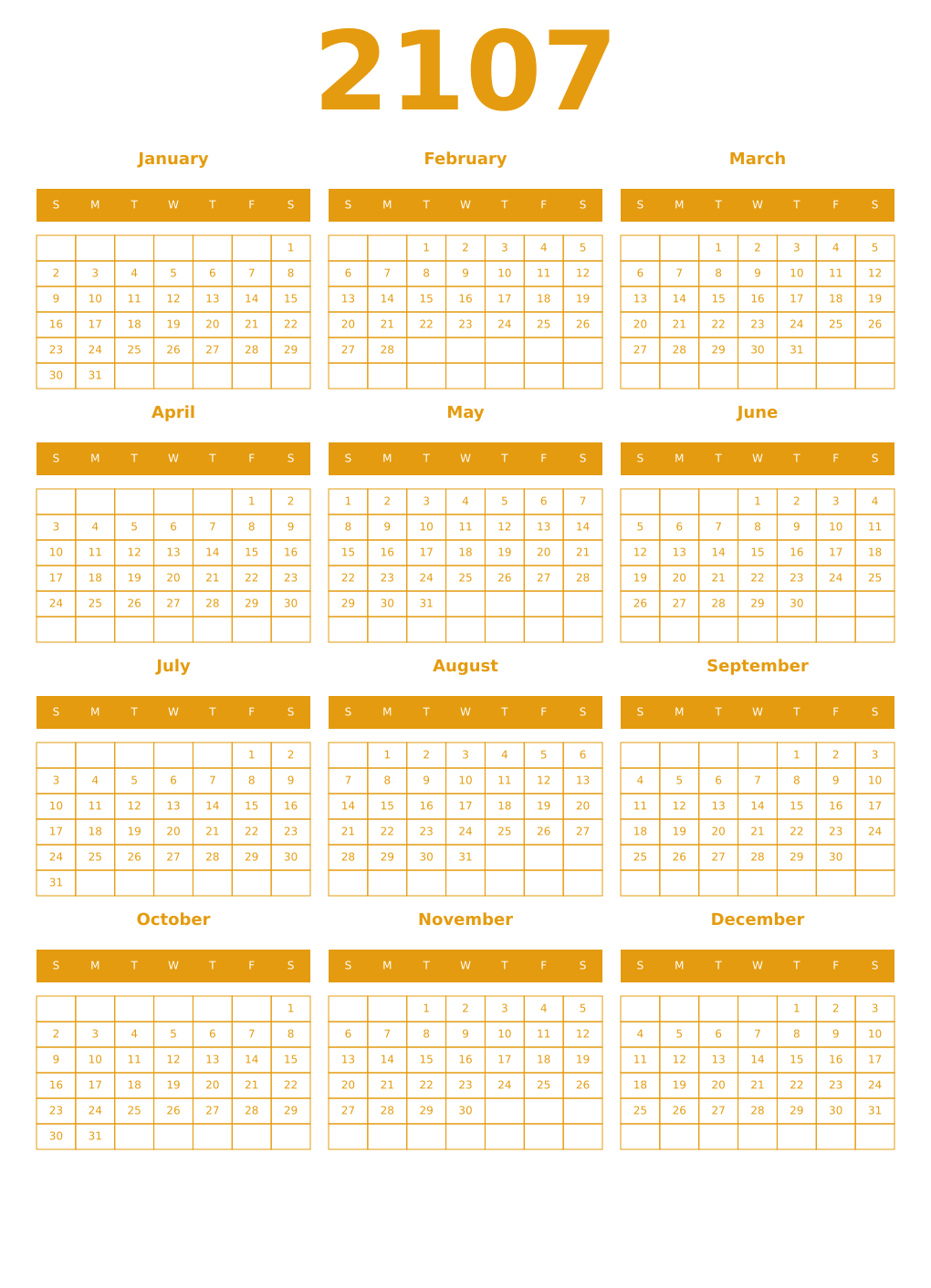 Printable 2107 Year Calendars gamboge
