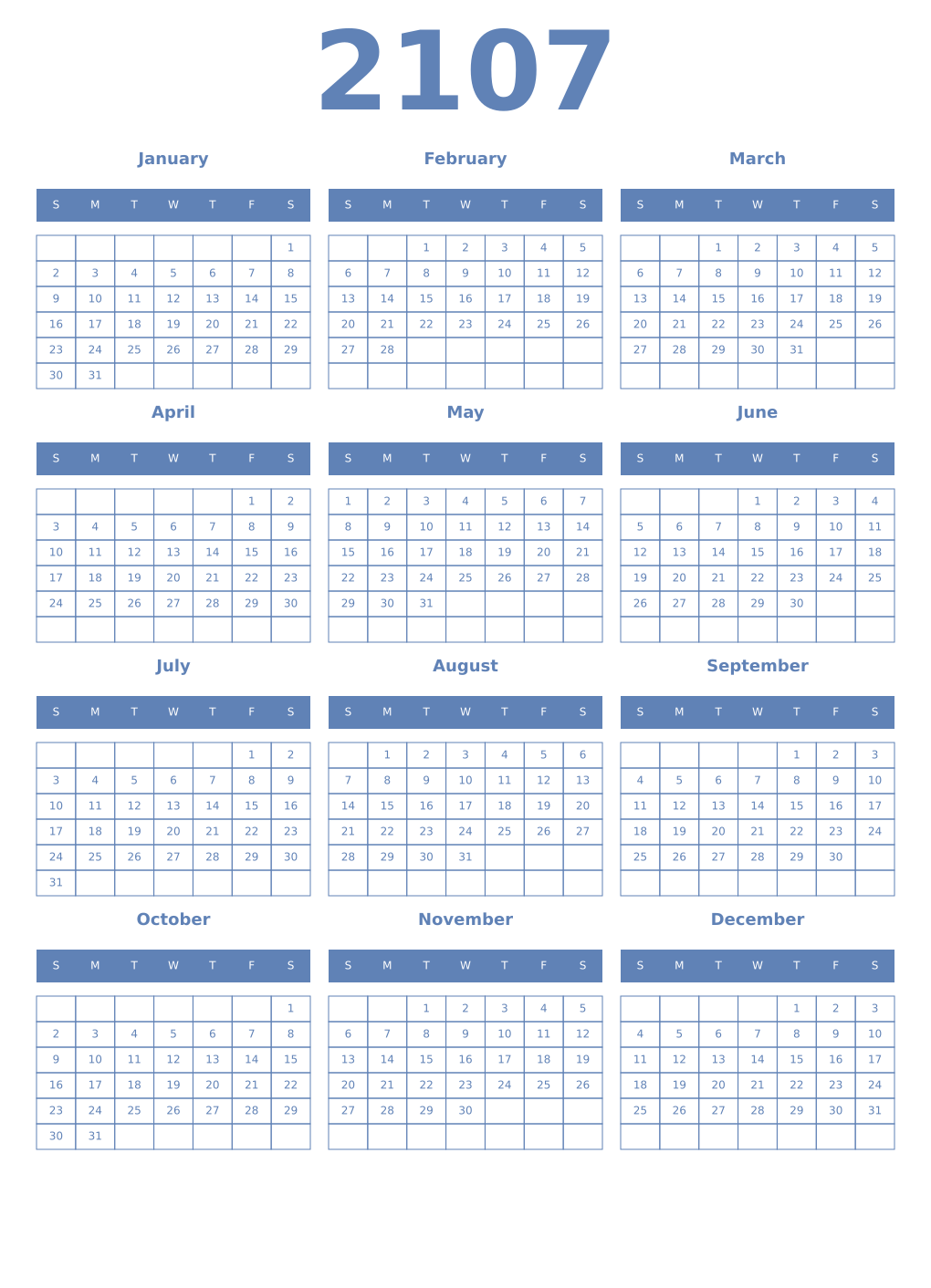 Printable 2107 Year Calendars glaucous