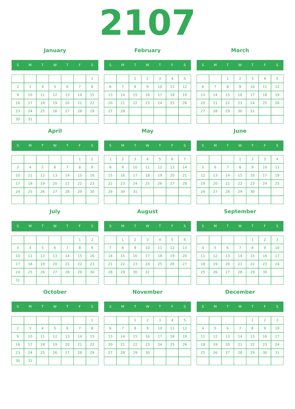Printable 2107 Year Calendars green