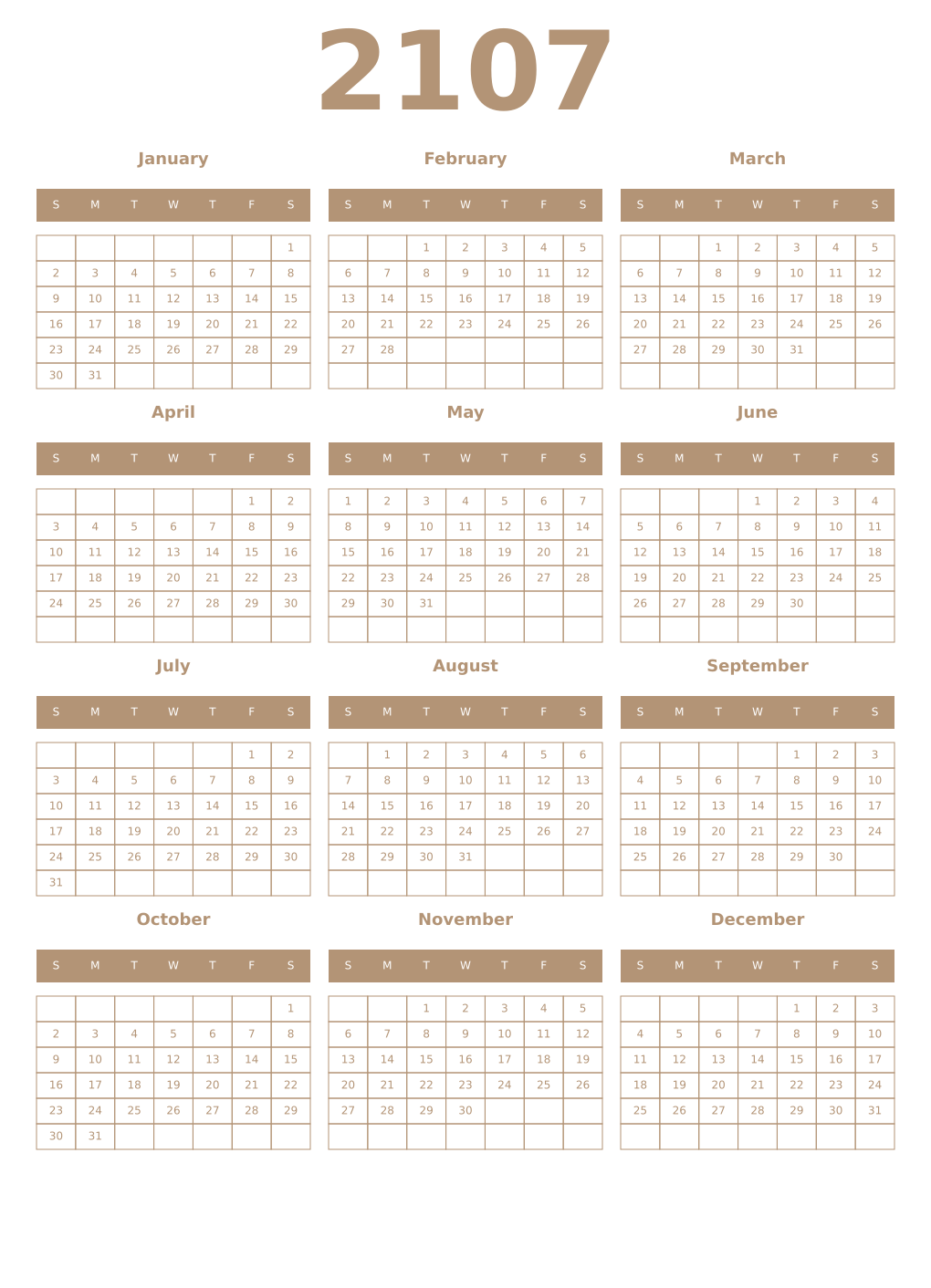 Printable 2107 Year Calendars isabelline