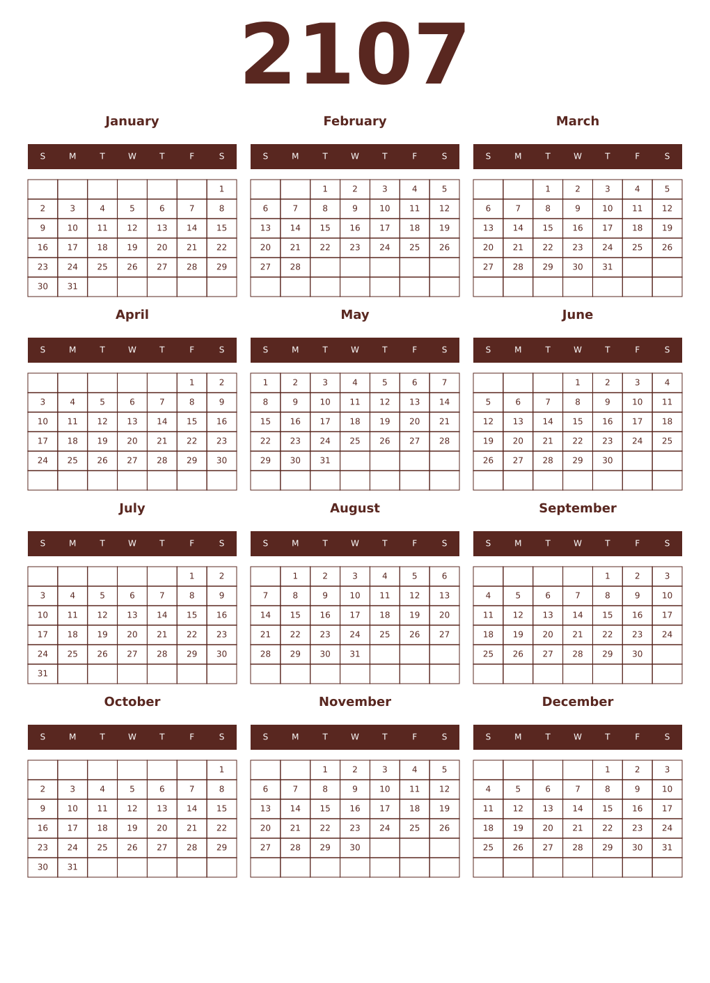 Printable 2107 Year Calendars mortuum