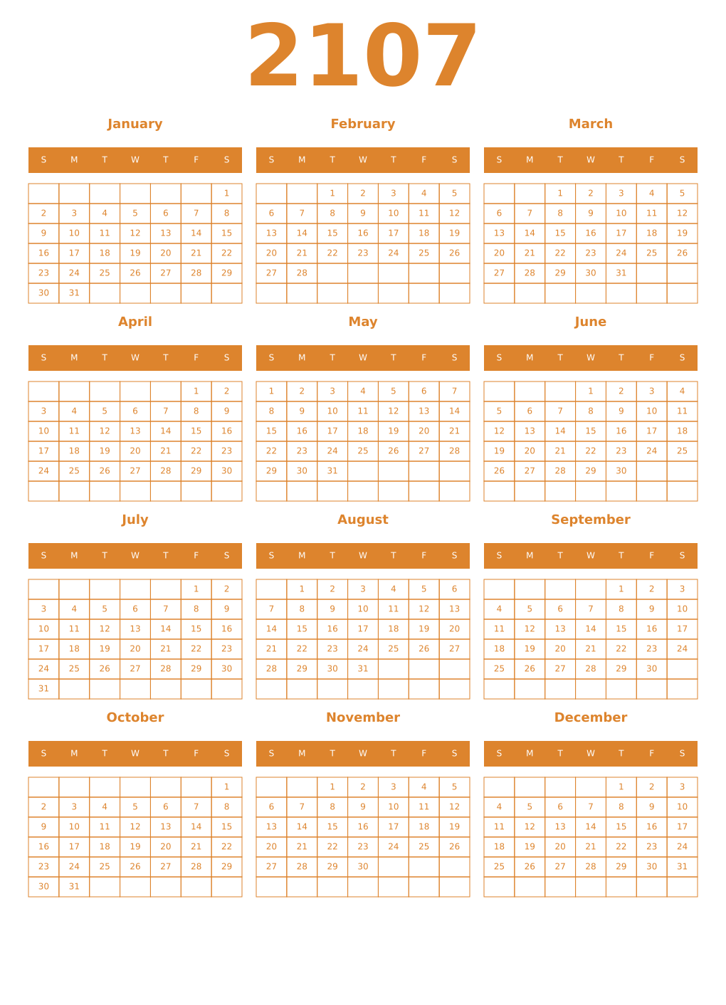 Printable 2107 Year Calendars orange