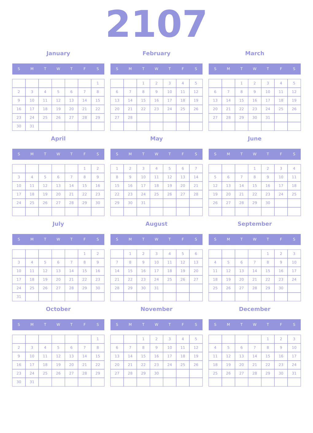 Printable 2107 Year Calendars periwinkle