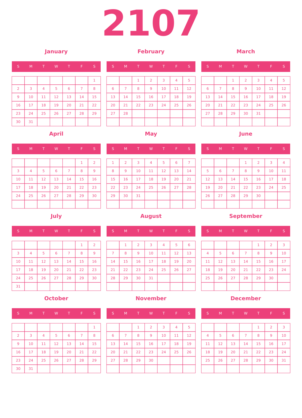 Printable 2107 Year Calendars pink