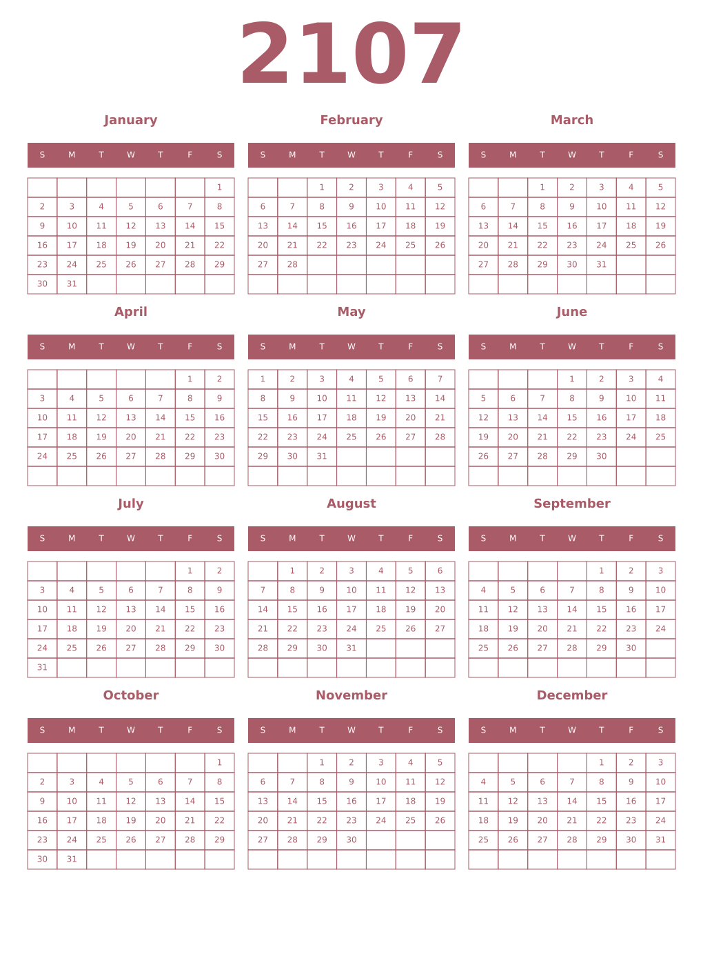 Printable 2107 Year Calendars puce
