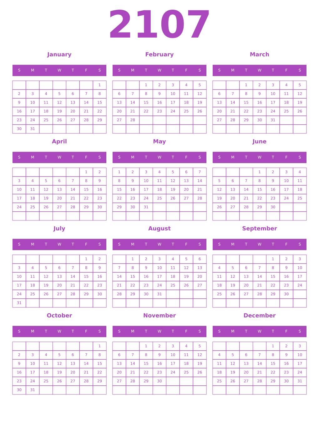 Printable 2107 Year Calendars purple