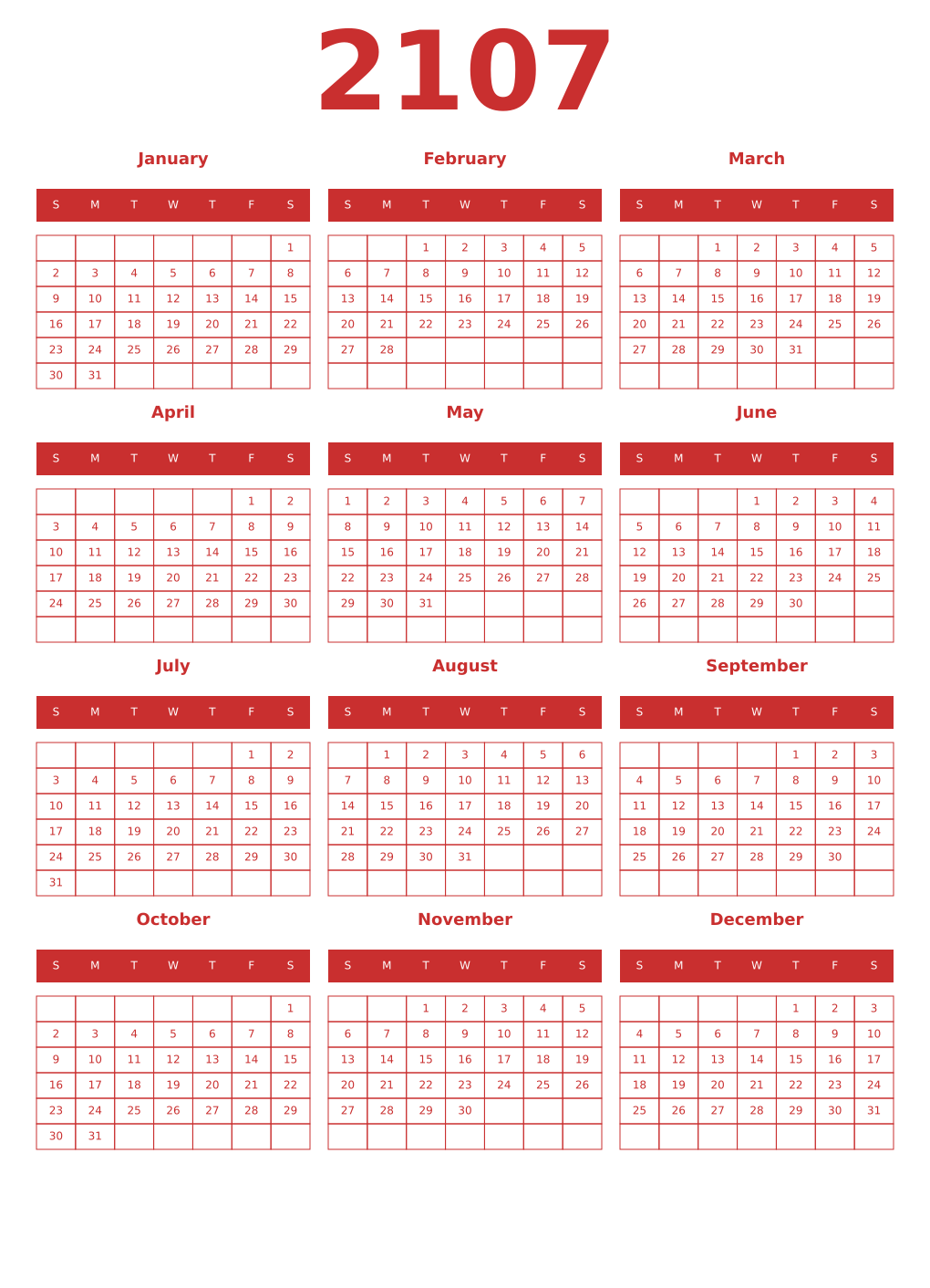 Printable 2107 Year Calendars red