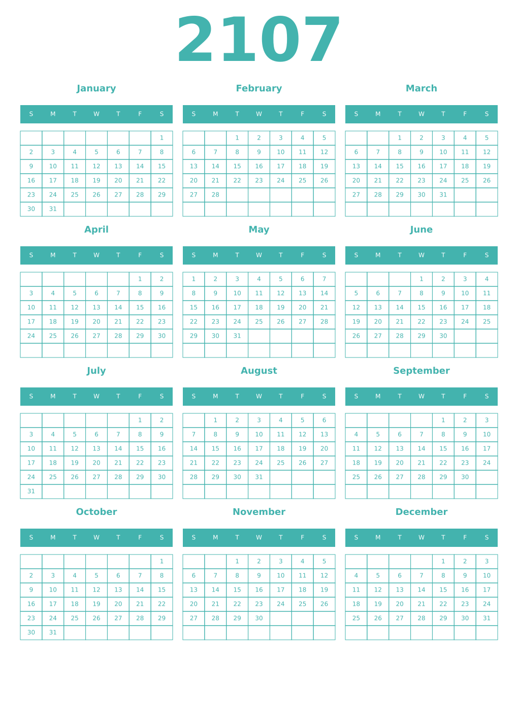 Printable 2107 Year Calendars verdigris