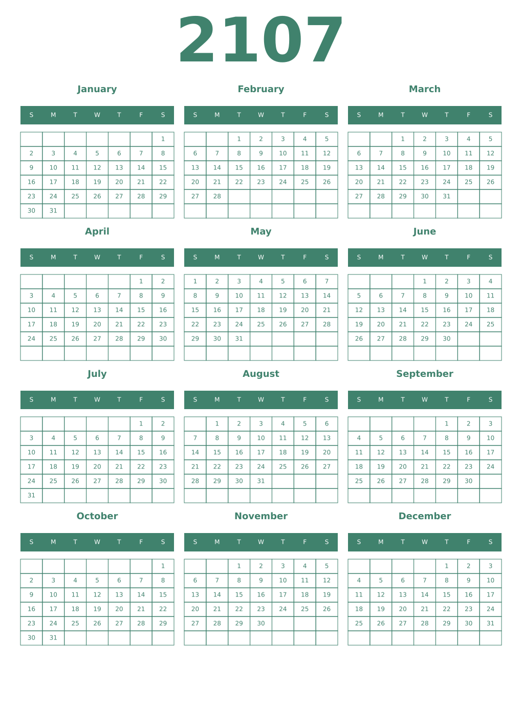 Printable 2107 Year Calendars viridian