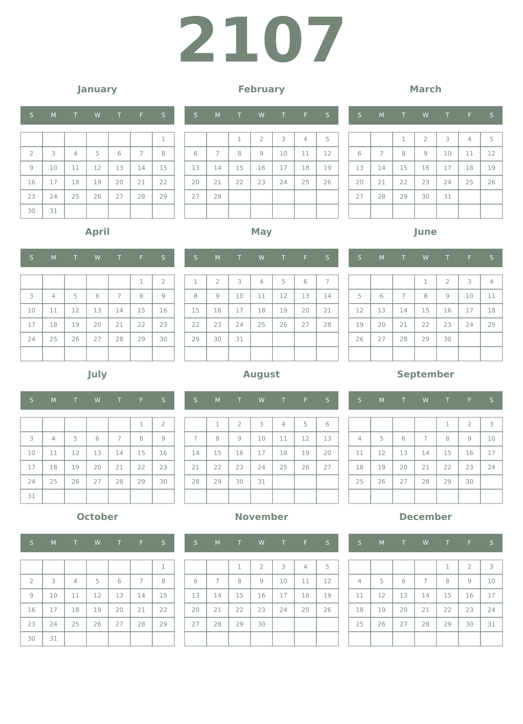 Printable 2107 Year Calendars xanadu