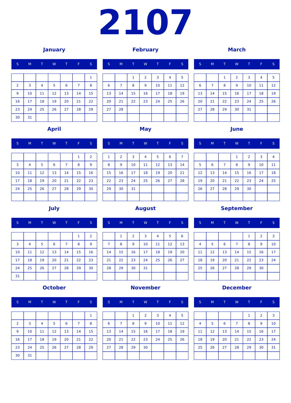 Printable 2107 Year Calendars zaffre