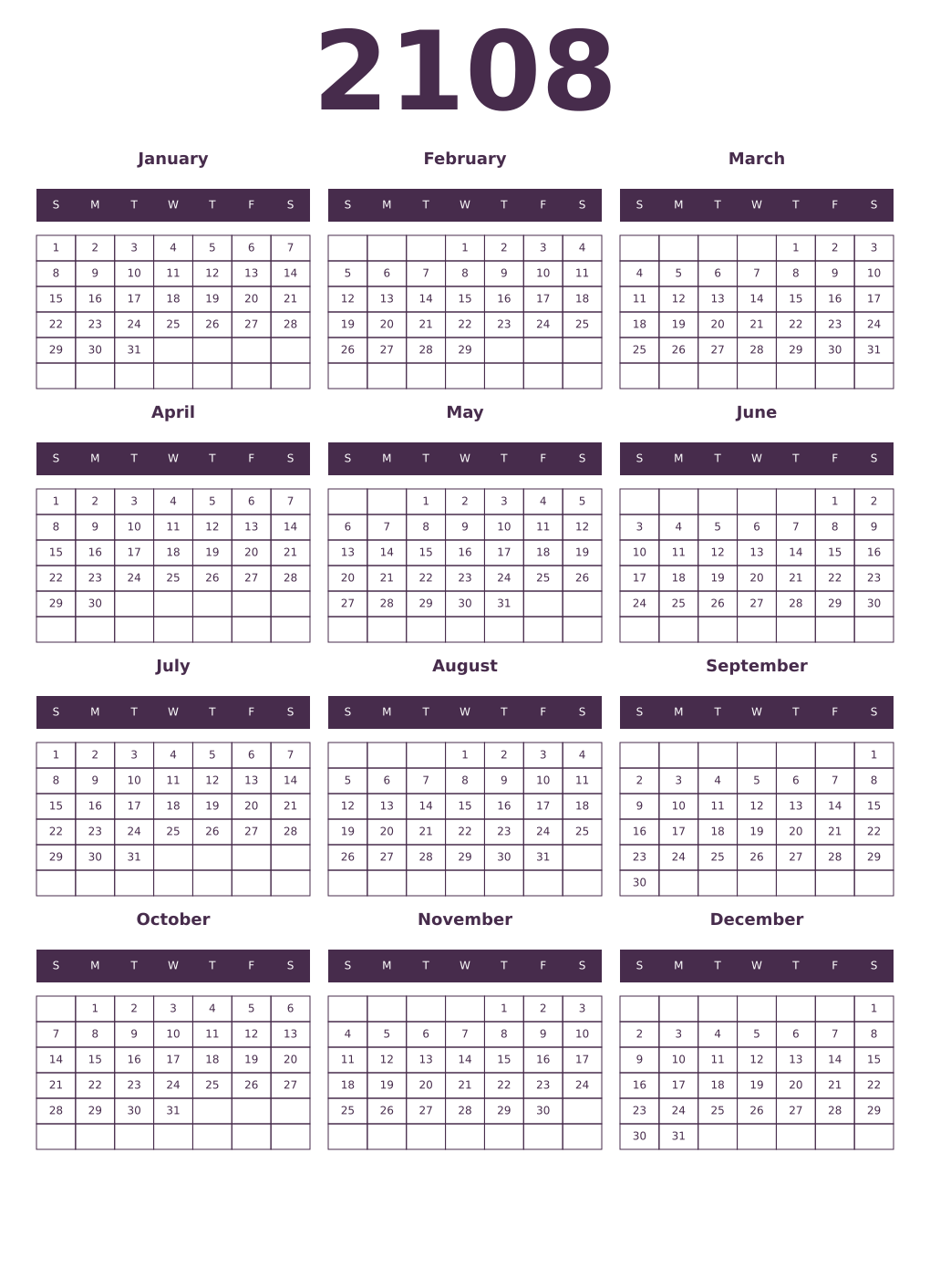 Printable 2108 Year Calendars aubergine