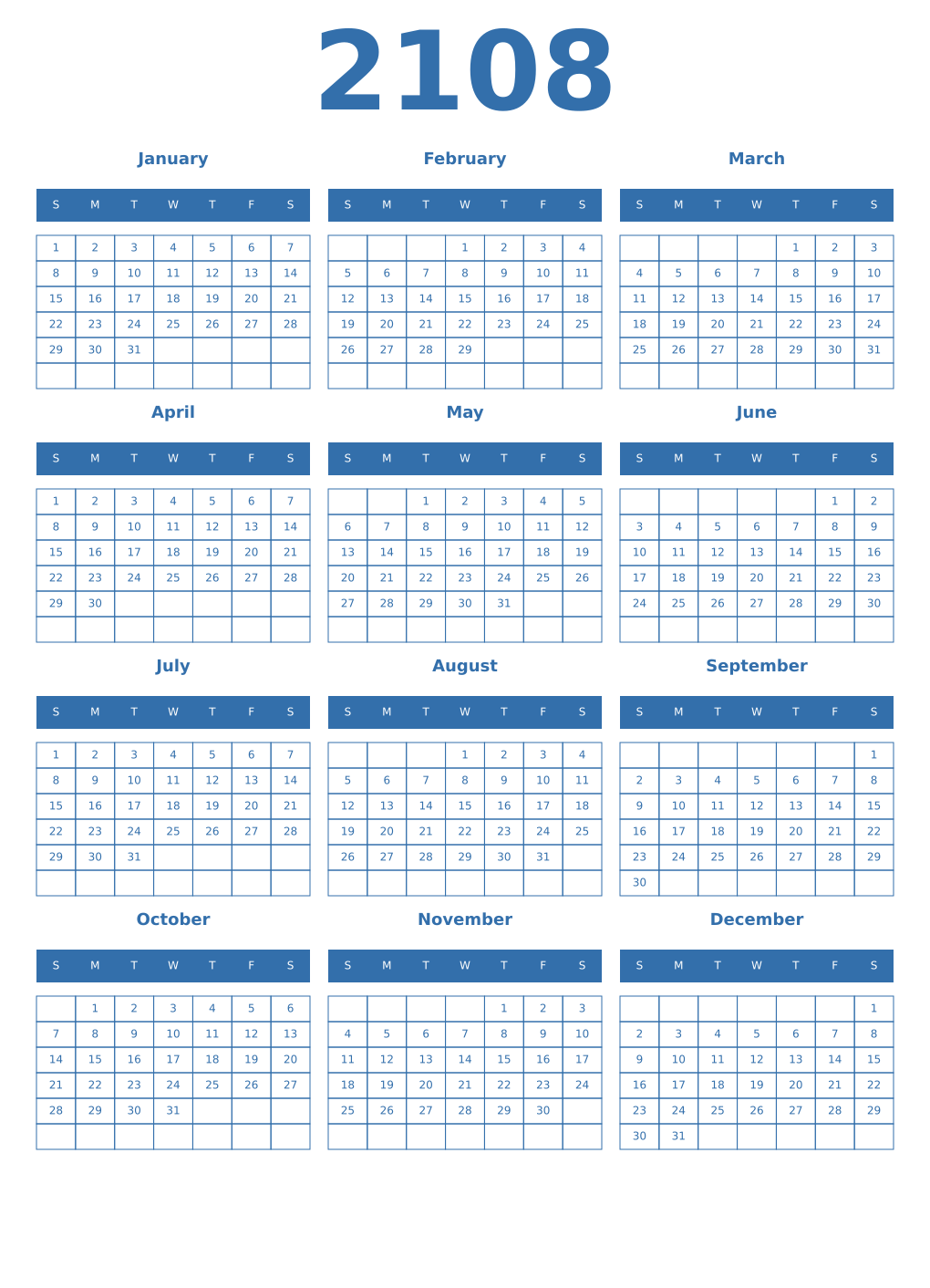 Printable 2108 Year Calendars blue
