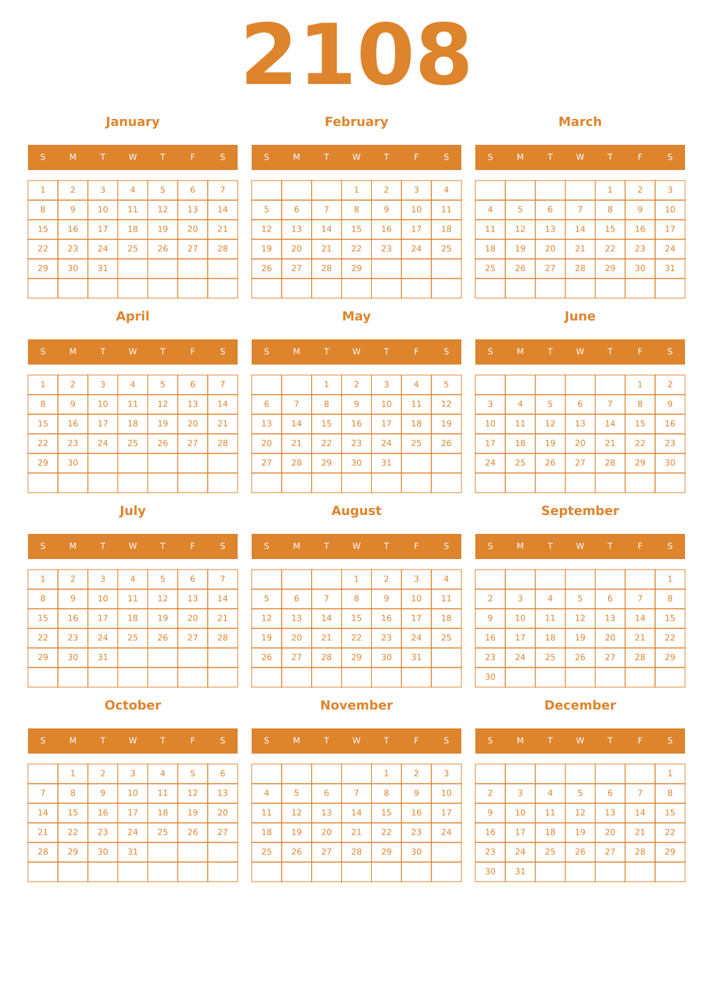 Printable 2108 Year Calendars orange