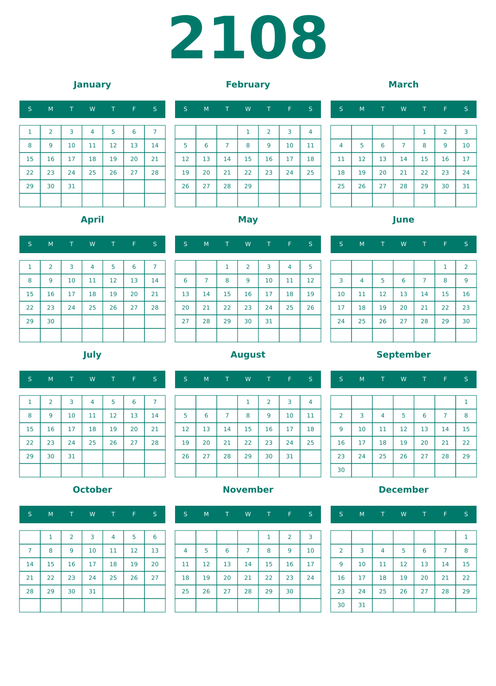Printable 2108 Year Calendars pastel