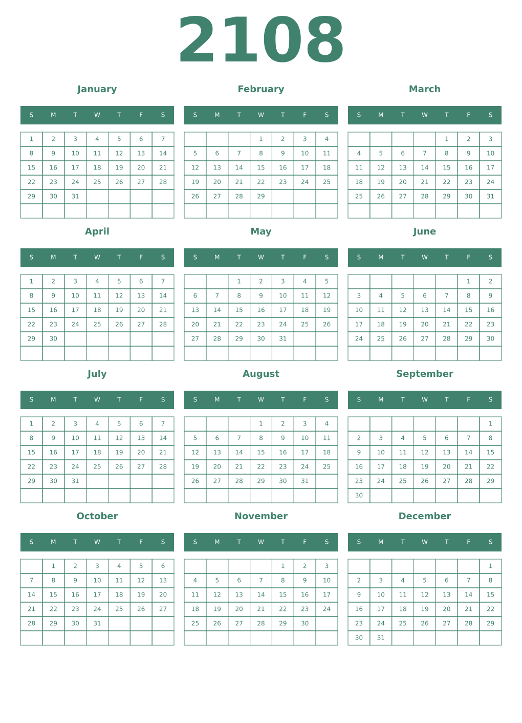 Printable 2108 Year Calendars viridian