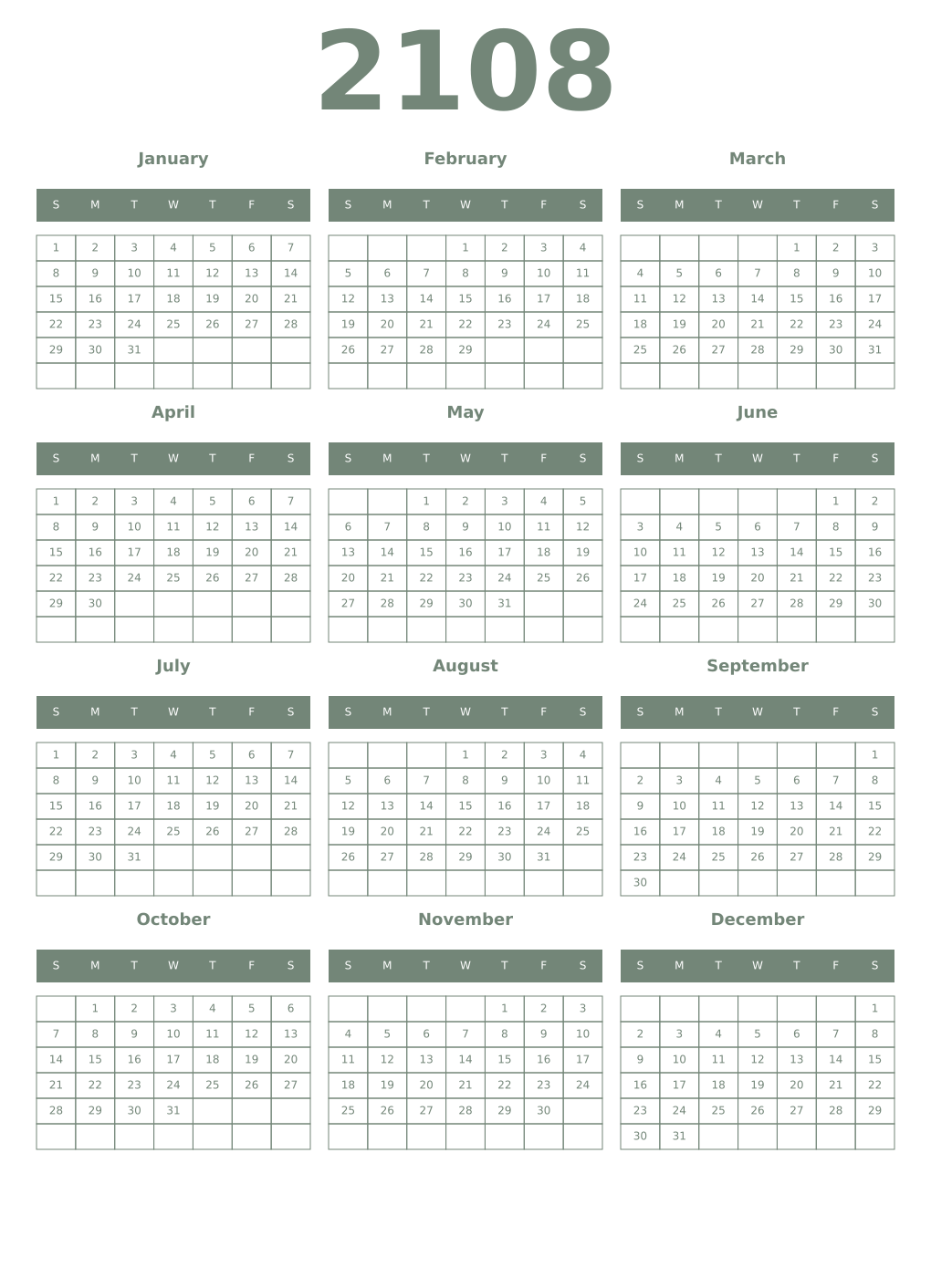 Printable 2108 Year Calendars xanadu