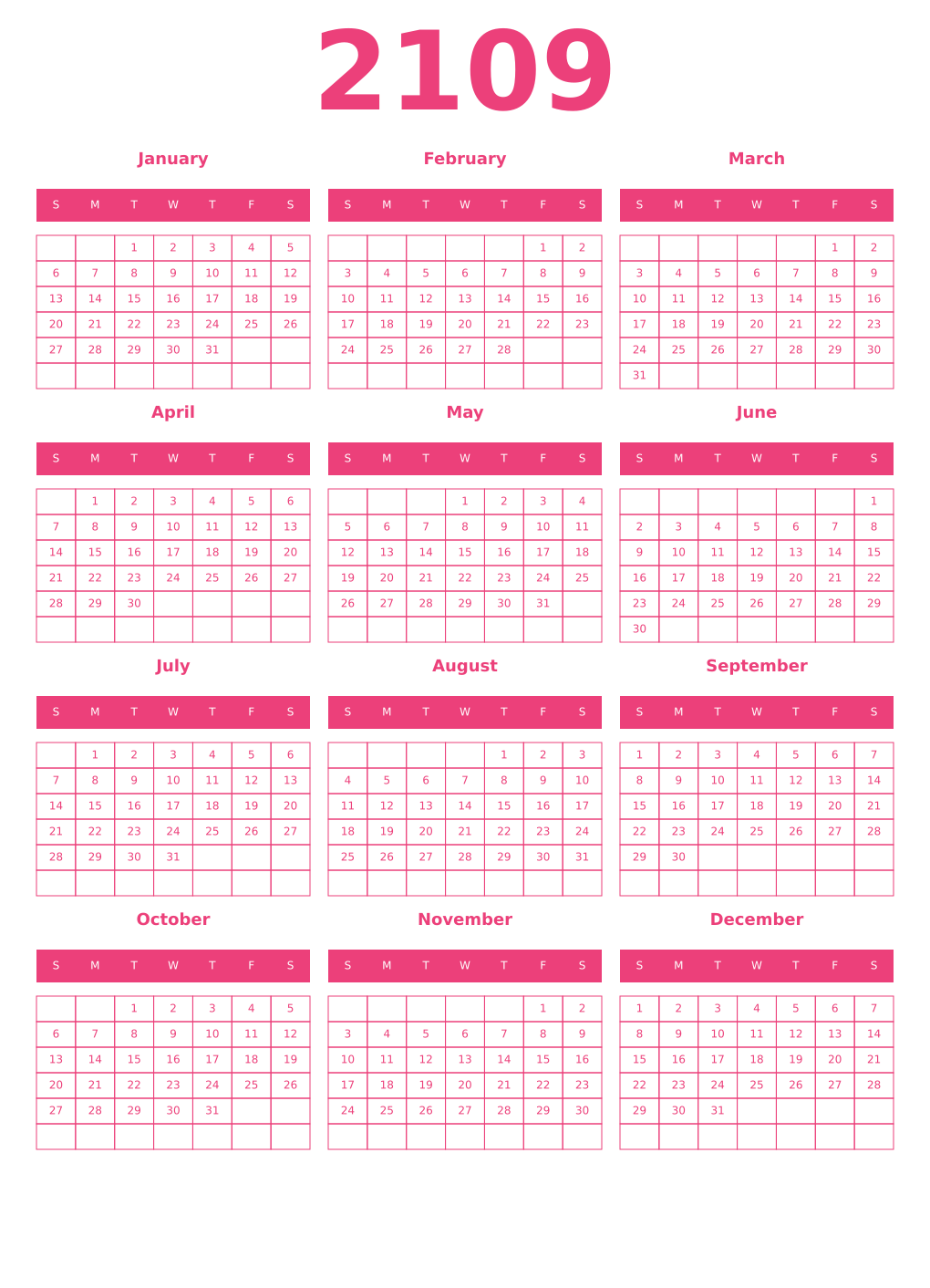 Printable 2109 Year Calendars pink