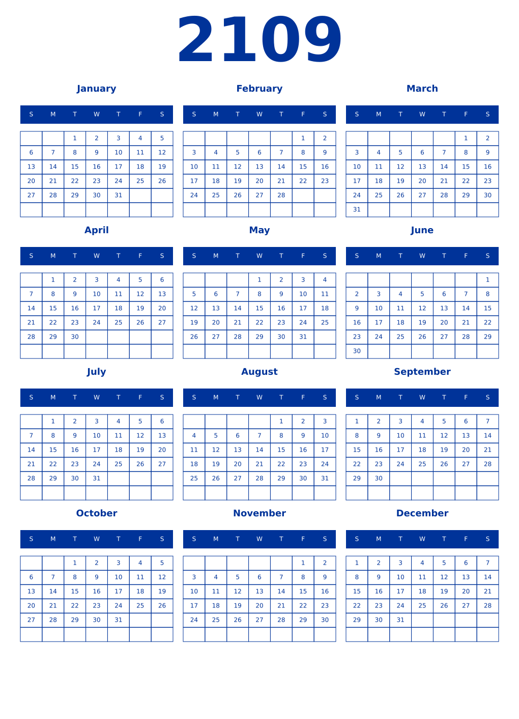 Printable 2109 Year Calendars smalt