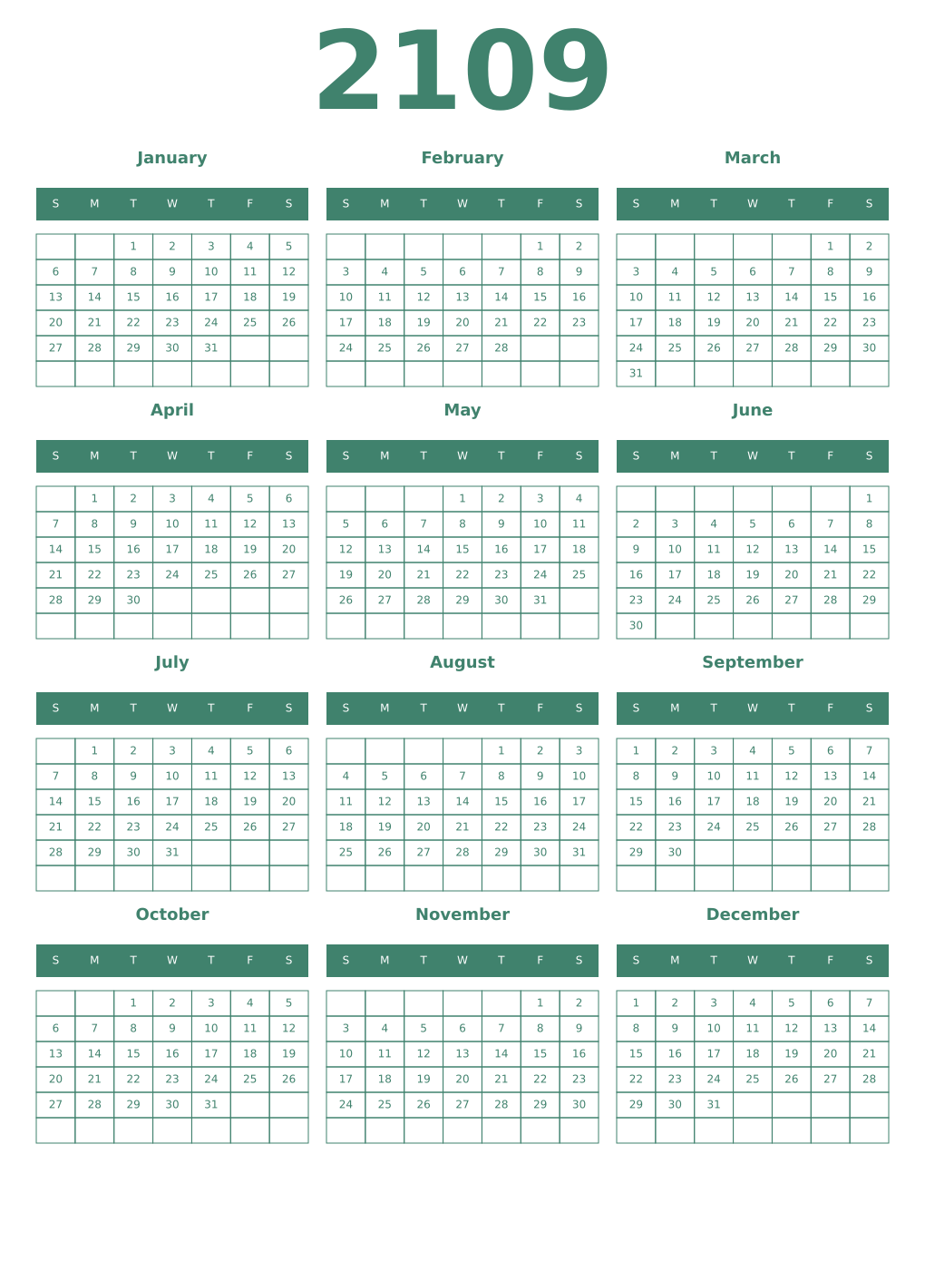 Printable 2109 Year Calendars viridian
