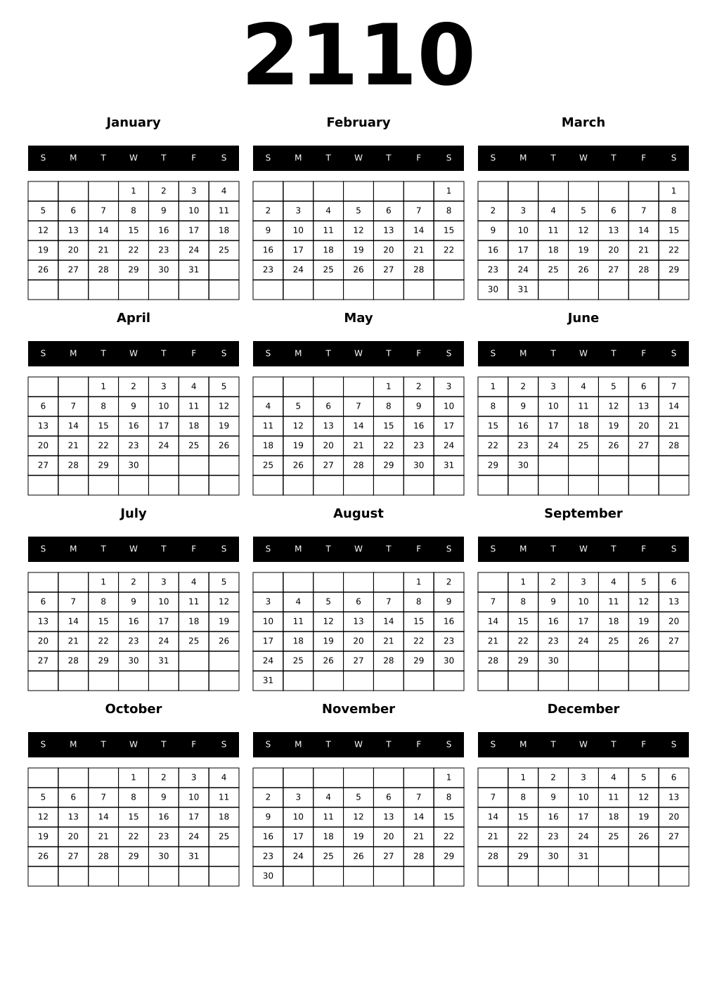 Printable 2110 Year Calendars black