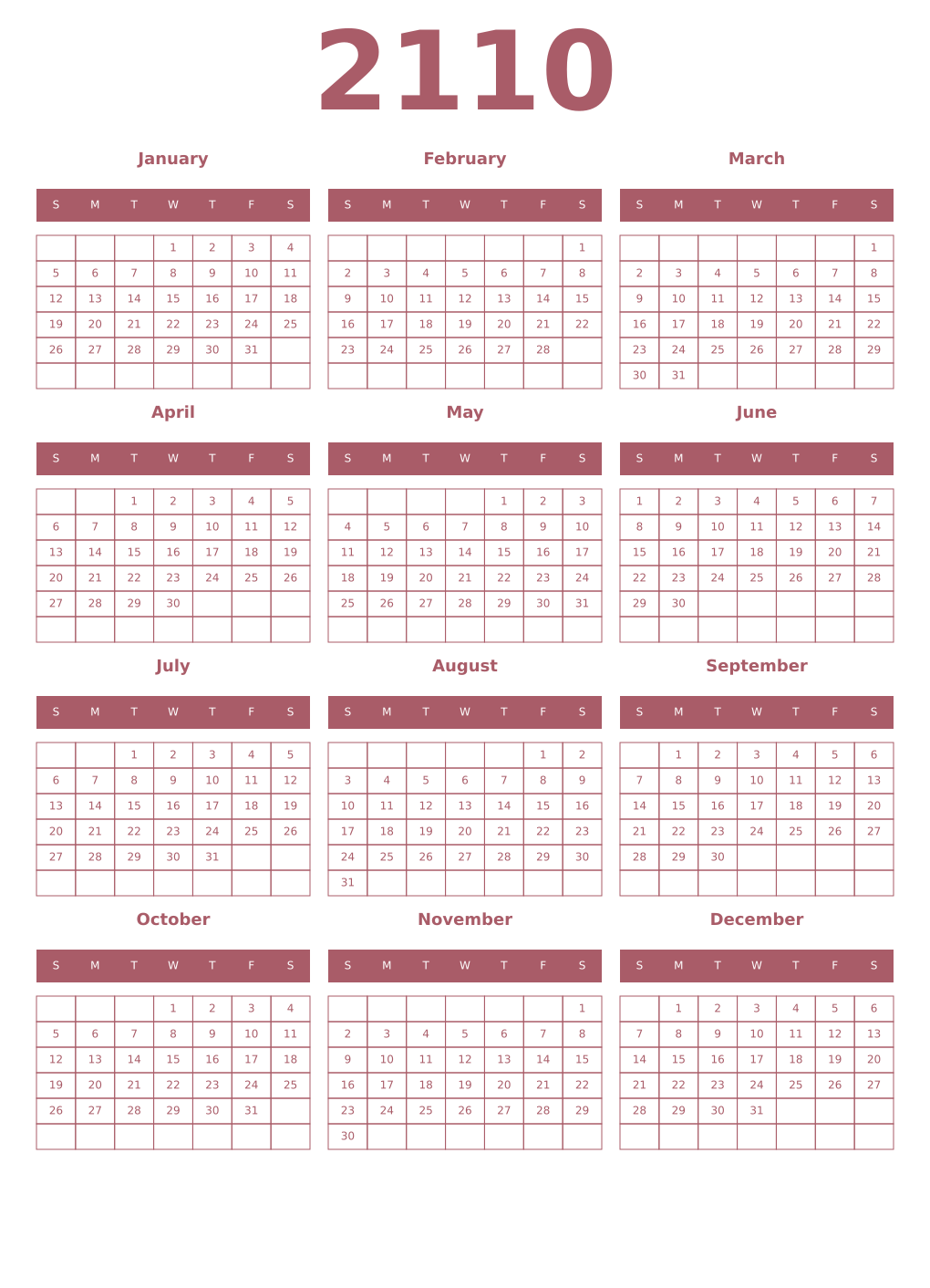 Printable 2110 Year Calendars puce